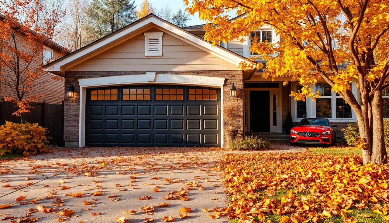 Residential home with garage door in autumn fall setting with golden leaves
