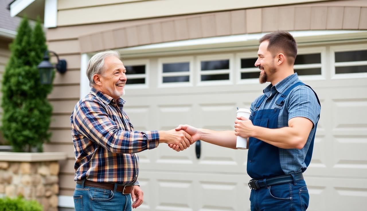Homeowner shaking hands with garage door contractor for financing approval