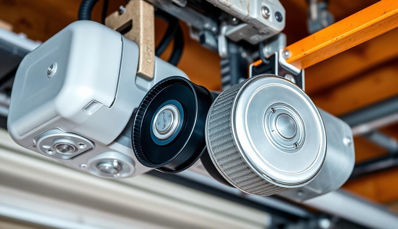 Garage door motor mechanism with belt drive for motor repair guide