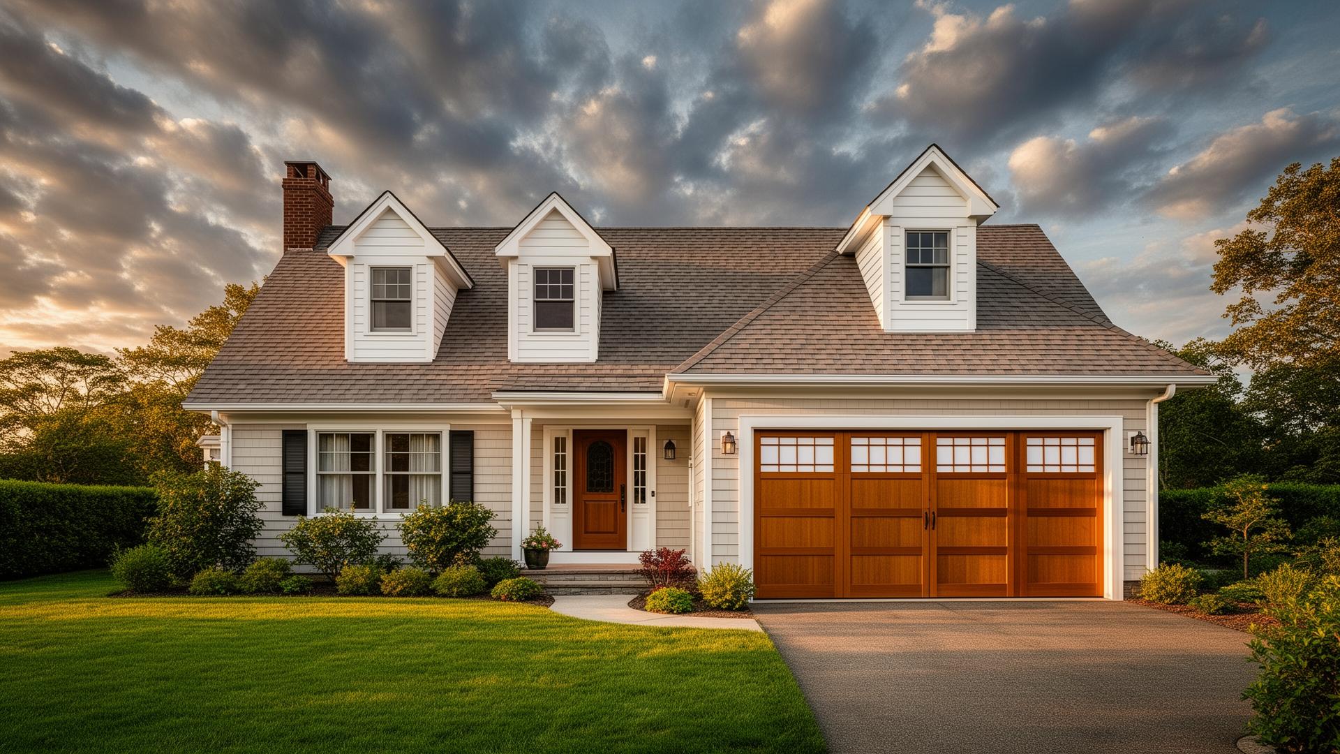 Beautiful Cape Cod cottage with Asian inspired garage doors featuring shoji screen panels in Youngsville NC