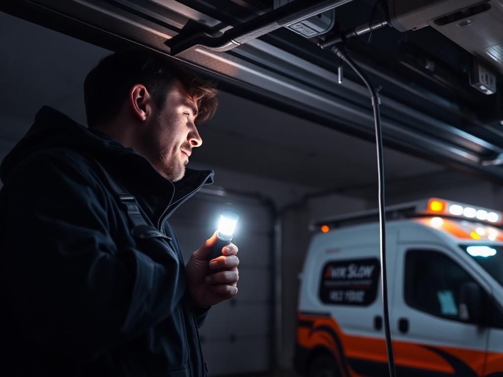 Emergency garage door service technician working at night