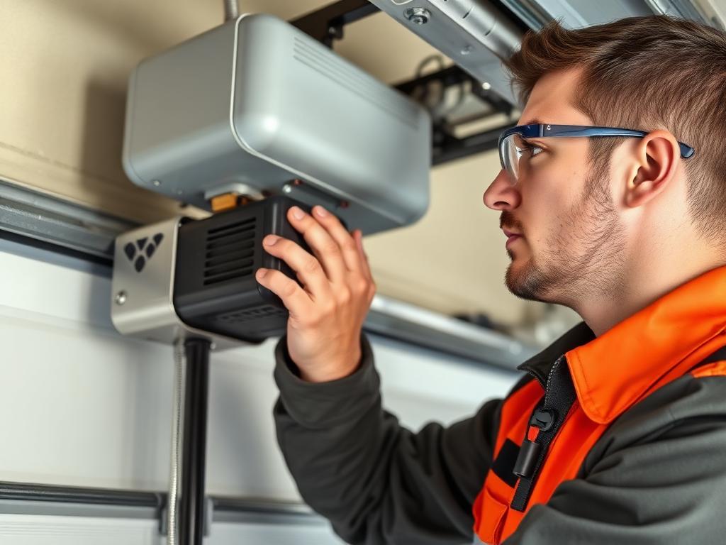 Technician repairing garage door motor and opener mechanism