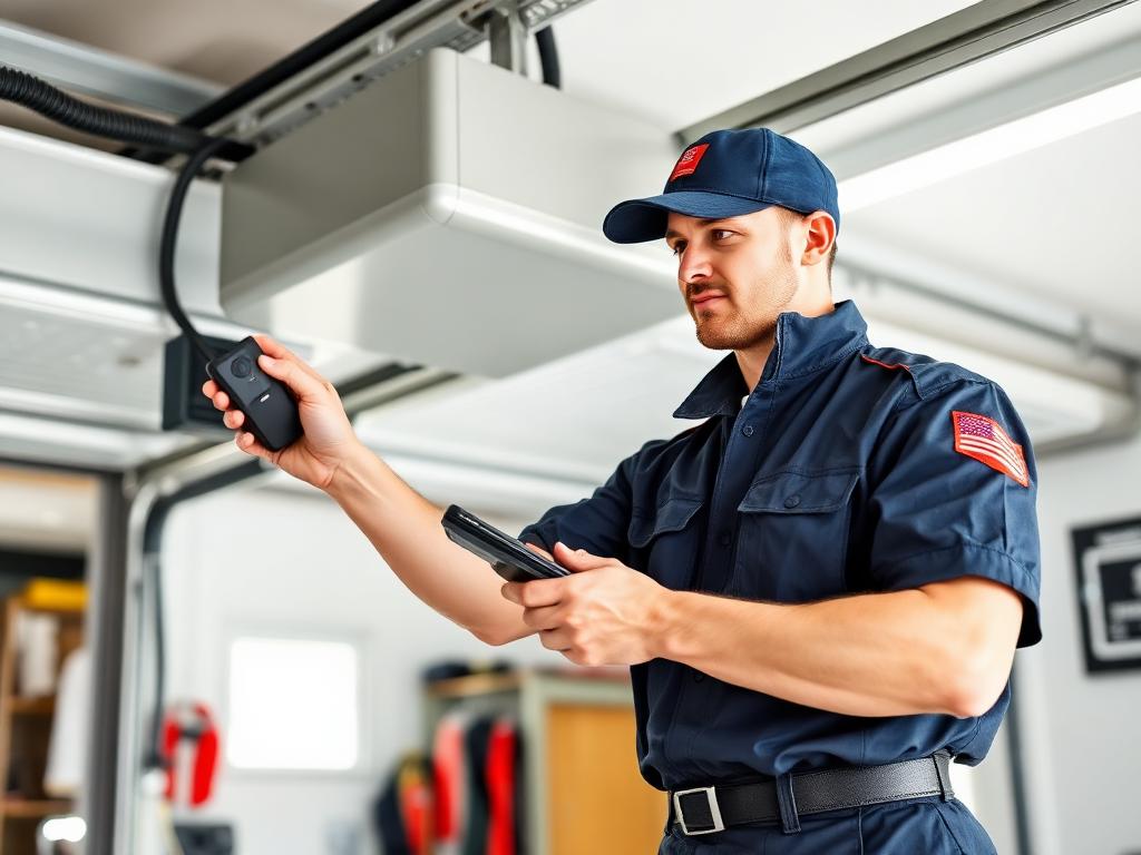 Professional uniformed garage door technician programming remote control